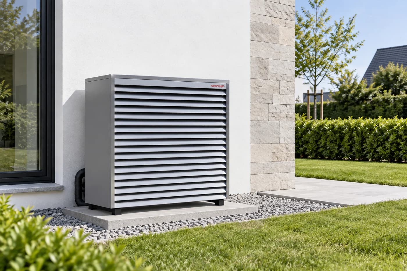 Illustration d’une pompe à chaleur air/eau installée à l’extérieur d’une maison