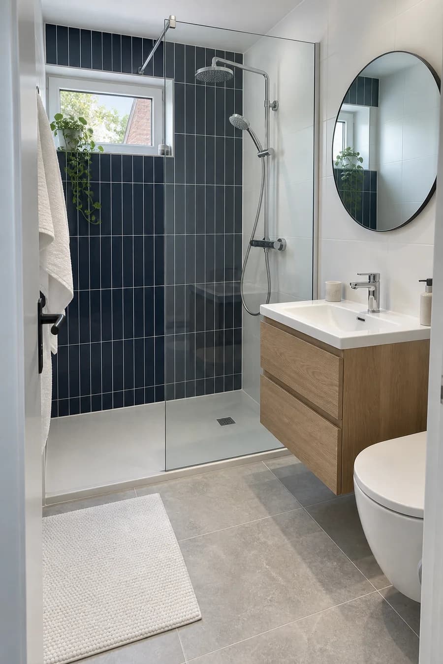 Illustration d’une salle de bain avec douche à l’italienne et meuble vasque